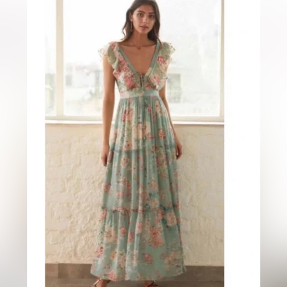 HEMANT & NANDITA Floral Maxi Dress in Green and Pink